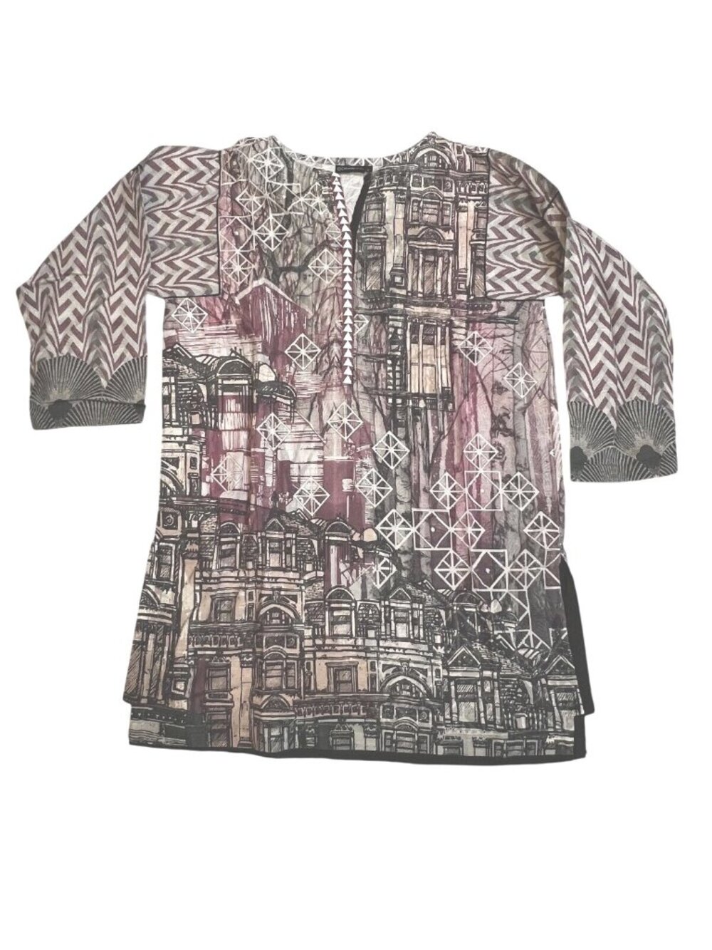Alkaram Studio Womens Tunic Lg Cotton Multicolor 3/4 Sleeve V Neck Geometric